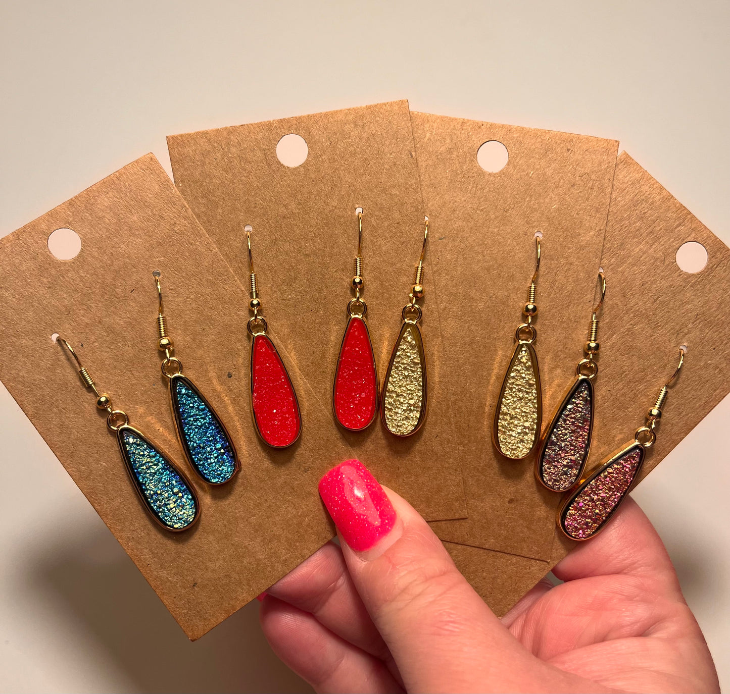 Skinny teardrop druzy dangle earrings