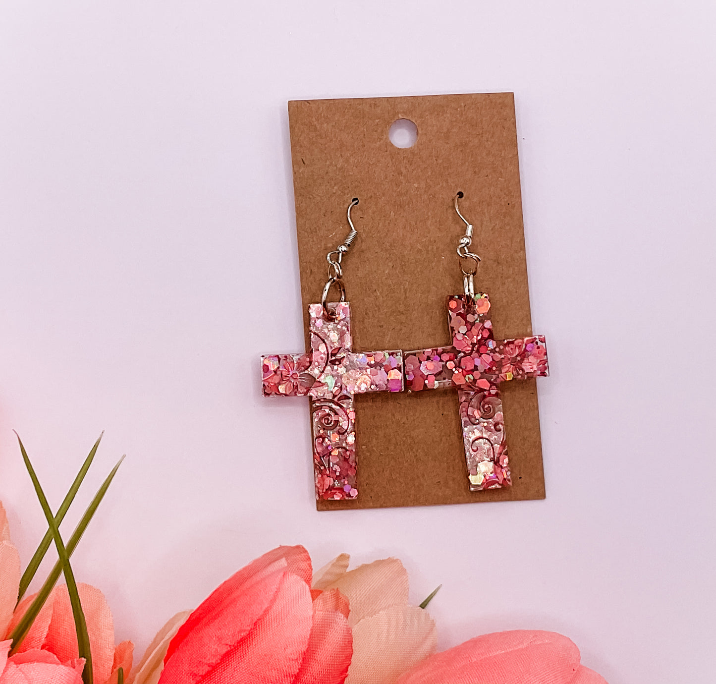 Floral Cross Dangle Earrings