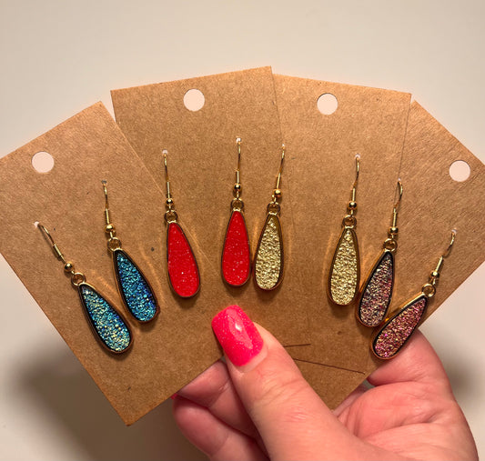 Skinny teardrop druzy dangle earrings