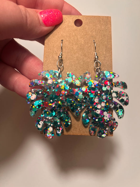 Multi-colored Monstera Leaf Dangle Earrings