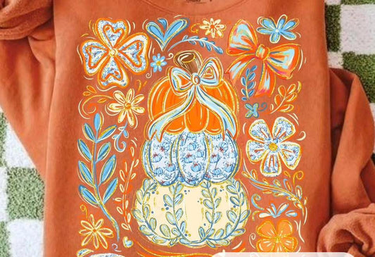Blue & Orange Floral Pumpkin Tee Shirt