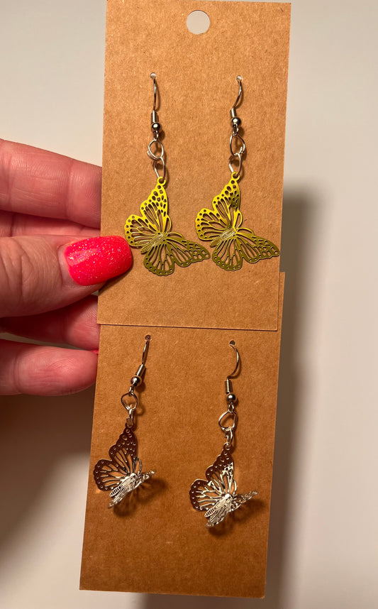 Butterfly Dangle earrings (silver and gold)