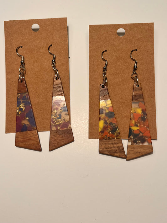Wooden resin dangle earrings with gold foil flakes