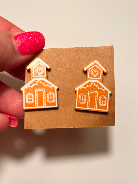 Wooden gingerbread church post earrings