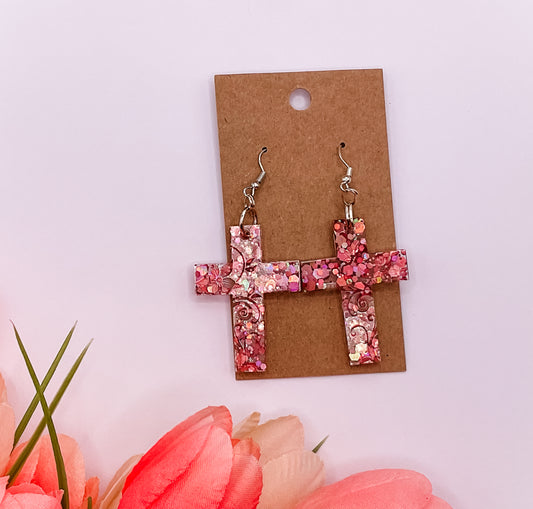 Floral Cross Dangle Earrings