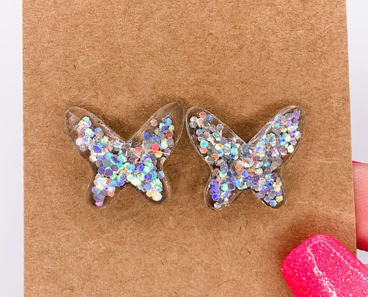Medium Silver Sparkle Butterfly Post Earrings