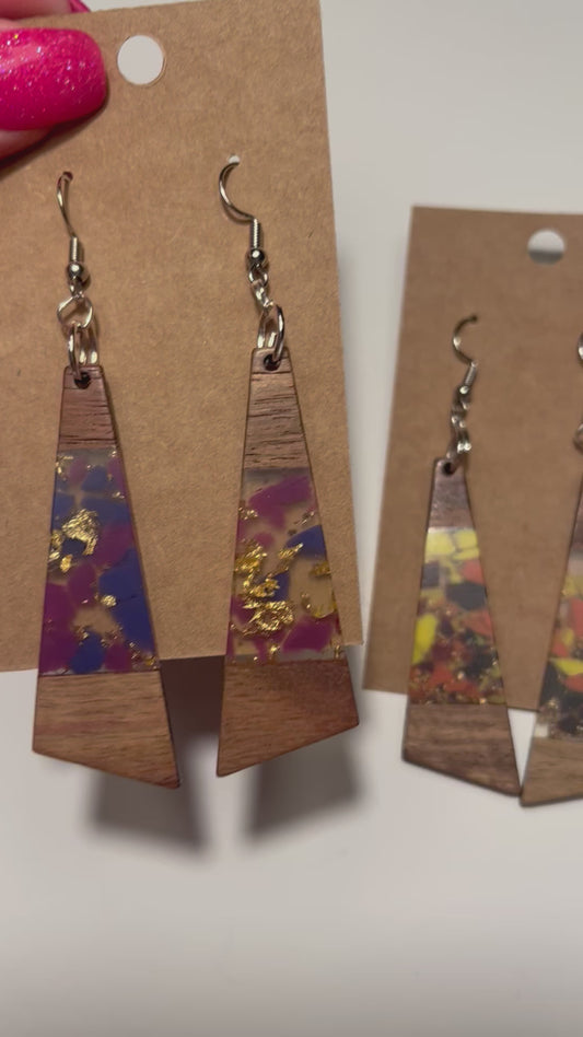 Wooden resin dangle earrings with gold foil flakes