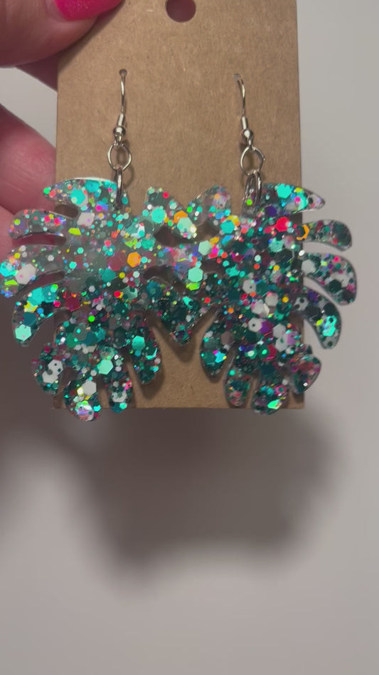 Multi-colored Monstera Leaf Dangle Earrings