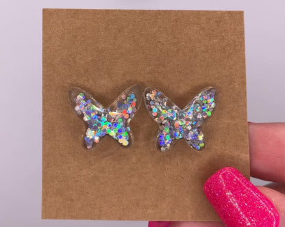 Medium Silver Sparkle Butterfly Post Earrings
