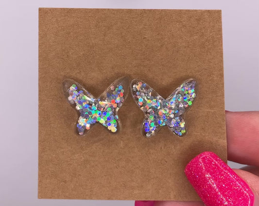 Medium Silver Sparkle Butterfly Post Earrings